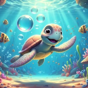 3D turtle swimming underwater with bubbles and cheerful expression