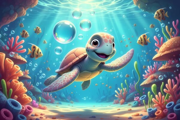 3D turtle swimming underwater with bubbles and cheerful expression