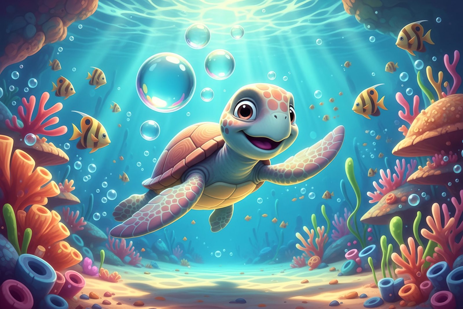 3D turtle swimming underwater with bubbles and cheerful expression