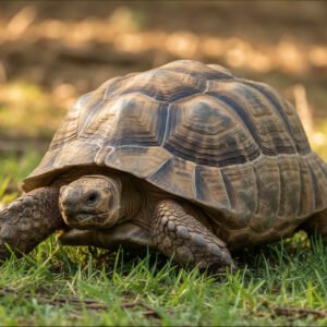 Land turtle walking on grass in a garden setting—free image for wildlife, reptile or nature visuals