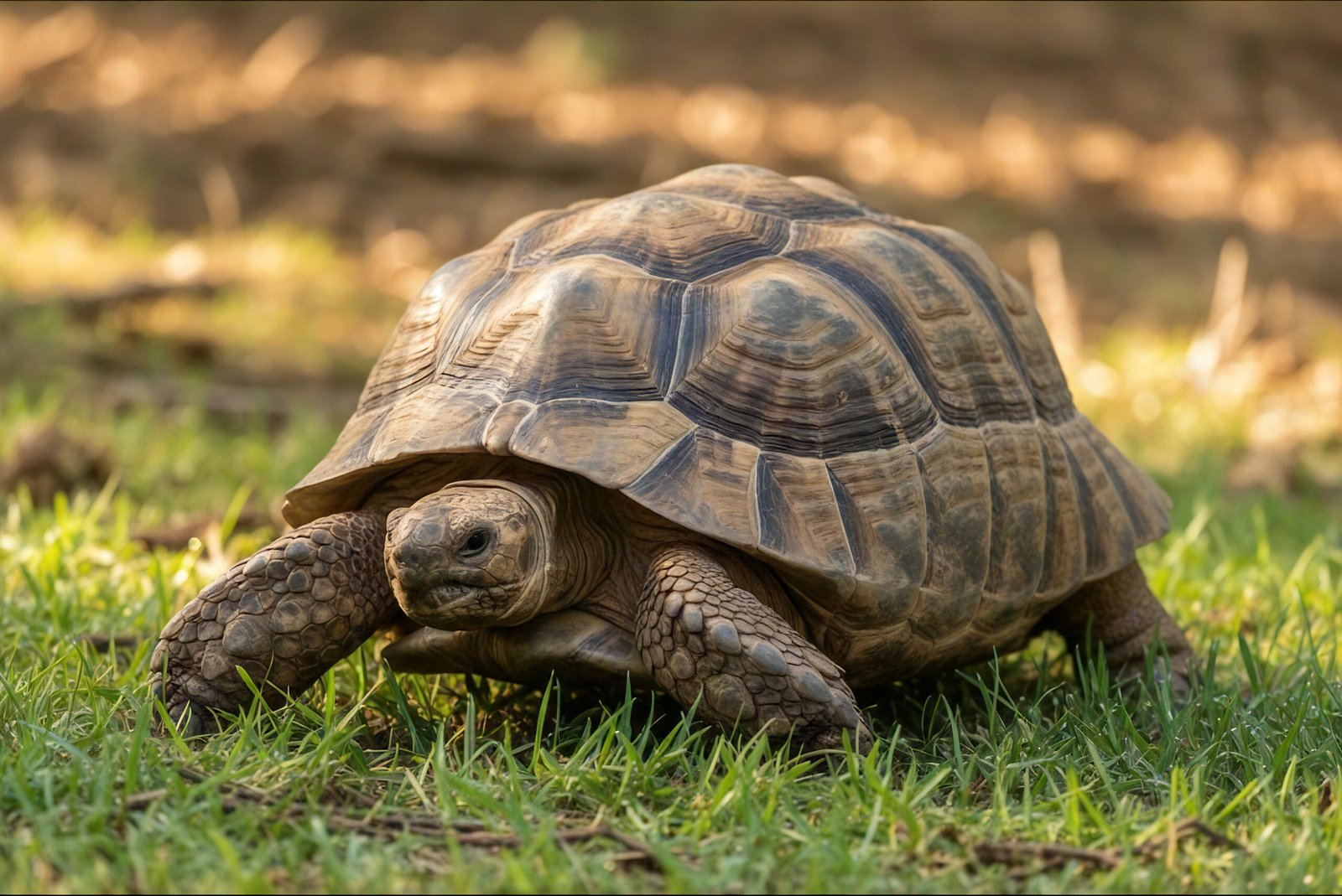 Land turtle walking on grass in a garden setting—free image for wildlife, reptile or nature visuals