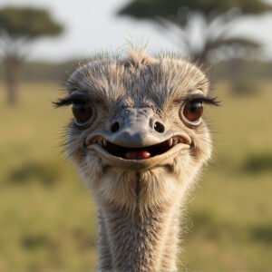 Close‑up of an ostrich head showing detailed eye and beak – wildlife bird portrait scene