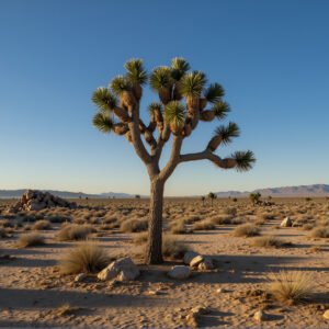 A lone Joshua tree standing in open Mojave Desert landscape warm golden light clear blue sky sandy terrain with scattered rocks sharp shadows high resolution natural photography.