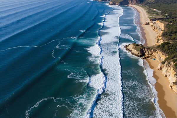 Aerial view of deep blue ocean with foamy waves and coastline natural lighting