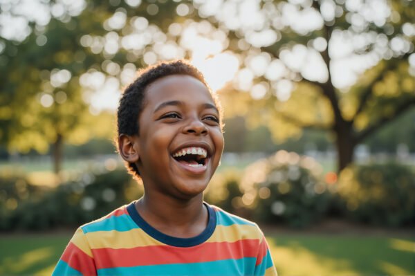 African boy laughing outdoors in park natural sunlight candid portrait with blurred greenery