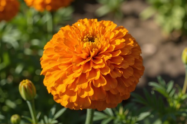 Download a free macro photo of an orange marigold in natural sunlight. Perfect for garden blogs, floral design, and botanical study projects.