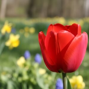 Bright red tulip with smooth petals photographed in soft daylight shallow depth of field vibrant and natural spring scenery.