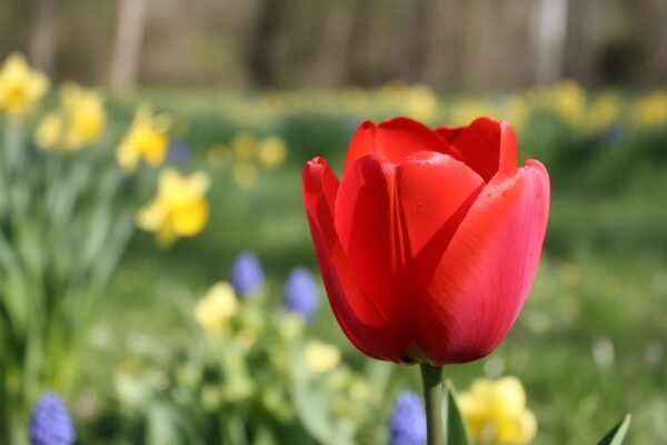 Bright red tulip with smooth petals photographed in soft daylight shallow depth of field vibrant and natural spring scenery.