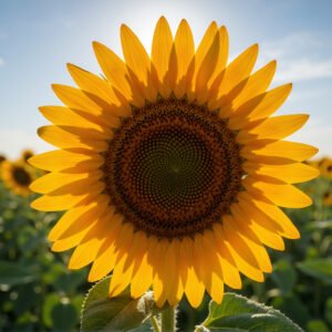 Bright sunflower in outdoor field natural sunlight crisp details shallow depth of field