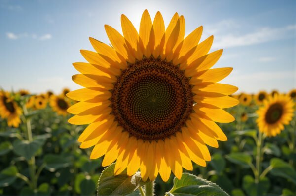 Bright sunflower in outdoor field natural sunlight crisp details shallow depth of field