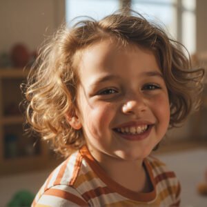 Caucasian child with freckles and messy hair warm light playful expression