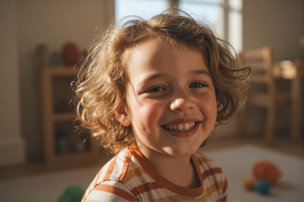Caucasian child with freckles and messy hair warm light playful expression