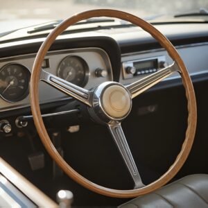 Close up of a simple retro car steering wheel inside classic vehicle blurred dashboard background natural daylight