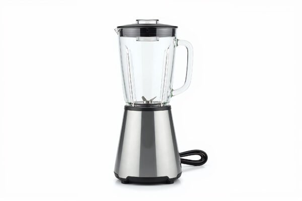 Countertop blender with transparent jar and metal base isolated on white background clean studio lighting completely unbranded with no labels