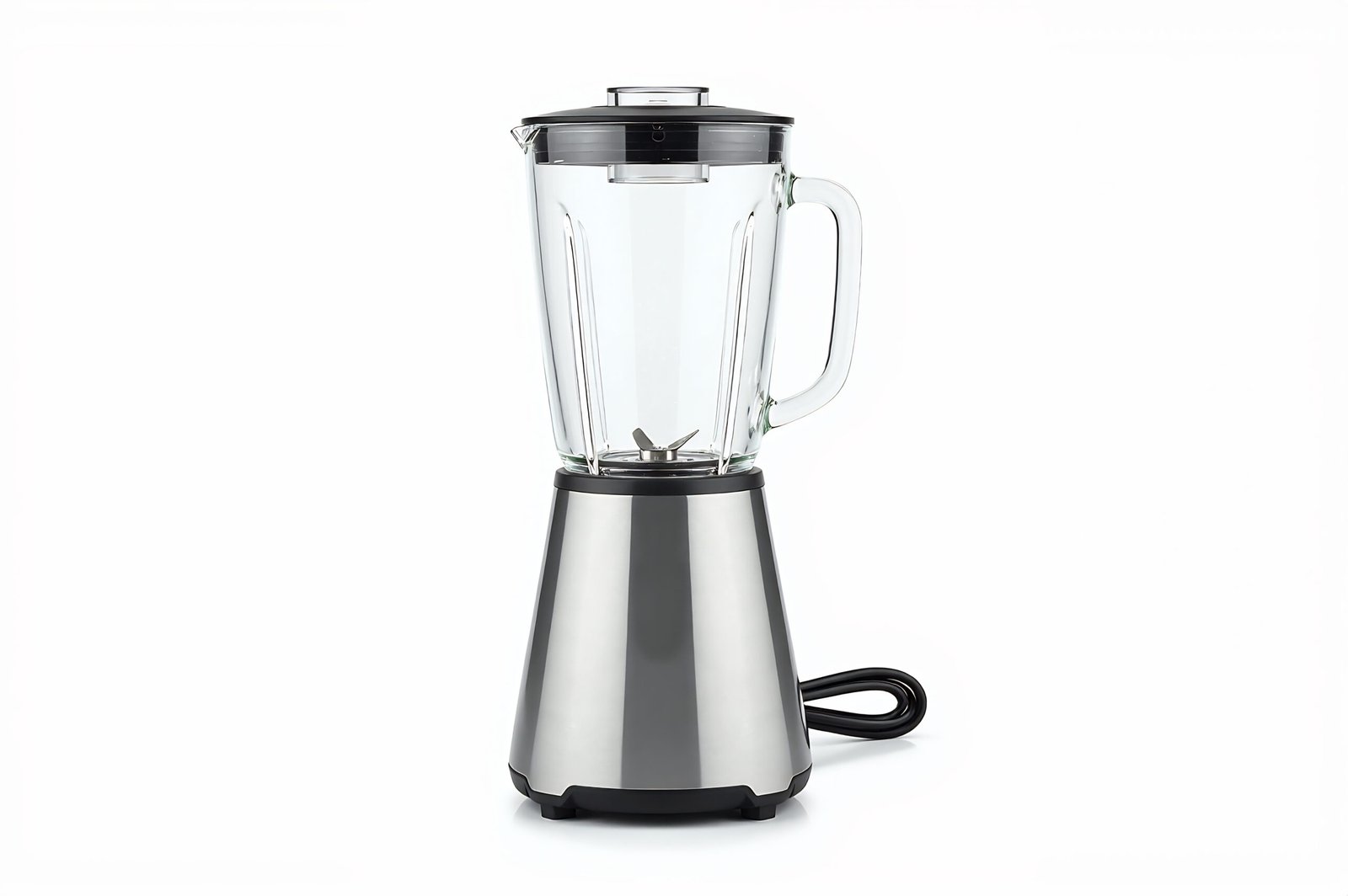 Countertop blender with transparent jar and metal base isolated on white background clean studio lighting completely unbranded with no labels