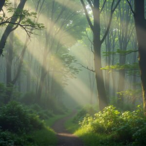Dense green forest with sunlight rays shining through trees misty morning mood