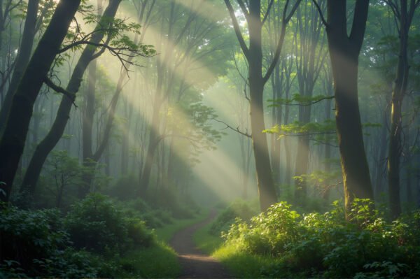 Dense green forest with sunlight rays shining through trees misty morning mood