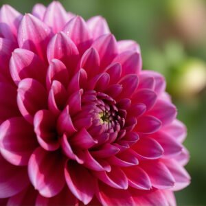 Detailed macro shot of a dahlia bloom with layered petals in deep pink tones natural light bokeh background high resolution botanical quality.