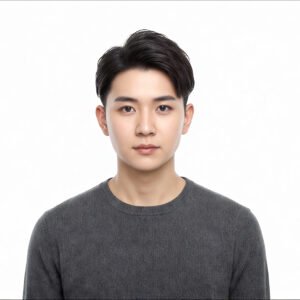 East Asian man with modern haircut and neutral expression white background clean commercial style