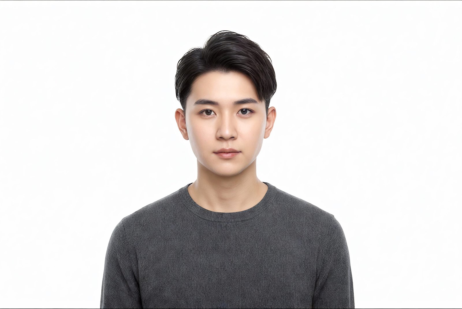 East Asian man with modern haircut and neutral expression white background clean commercial style