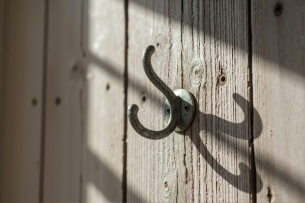 Empty clothes hook mounted on wooden wall detailed textures soft natural light