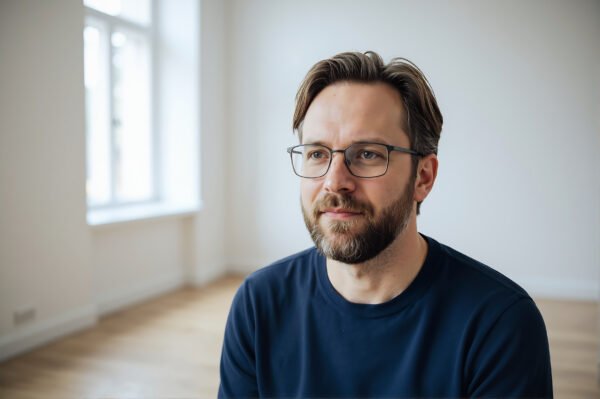 European man with light beard and glasses minimalist indoor portrait soft window light