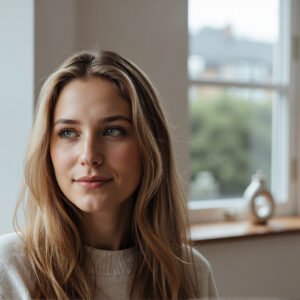 European woman with light freckles and blonde hair in natural light