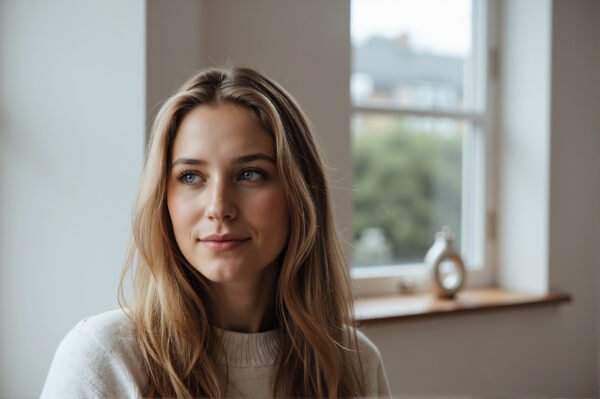 European woman with light freckles and blonde hair in natural light