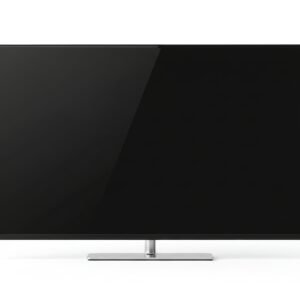 Flat screen television with slim bezel isolated on pure white background soft studio lighting completely unbranded with no labels or logos