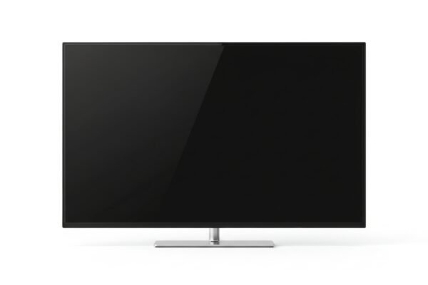 Flat screen television with slim bezel isolated on pure white background soft studio lighting completely unbranded with no labels or logos