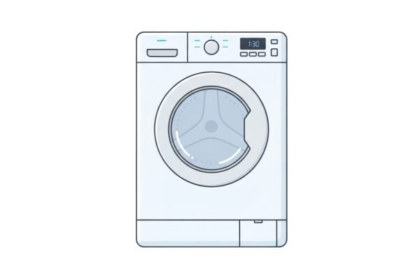 Flat vector illustration of a washing machine with front loading door modern minimalist design white background