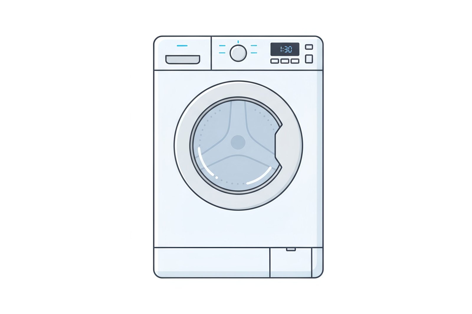 Flat vector illustration of a washing machine with front loading door modern minimalist design white background