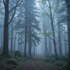 Foggy woodland scene with tall trees and moody lighting cinematic forest view