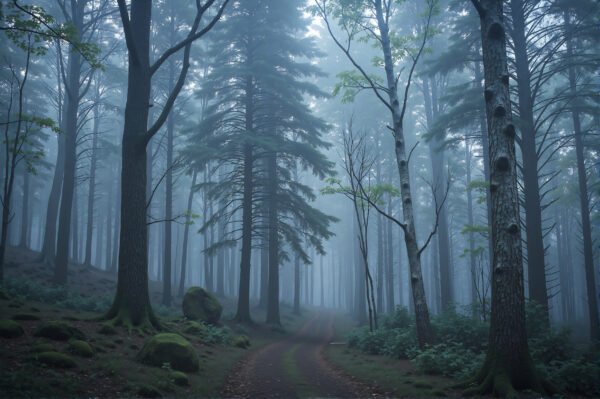 Foggy woodland scene with tall trees and moody lighting cinematic forest view