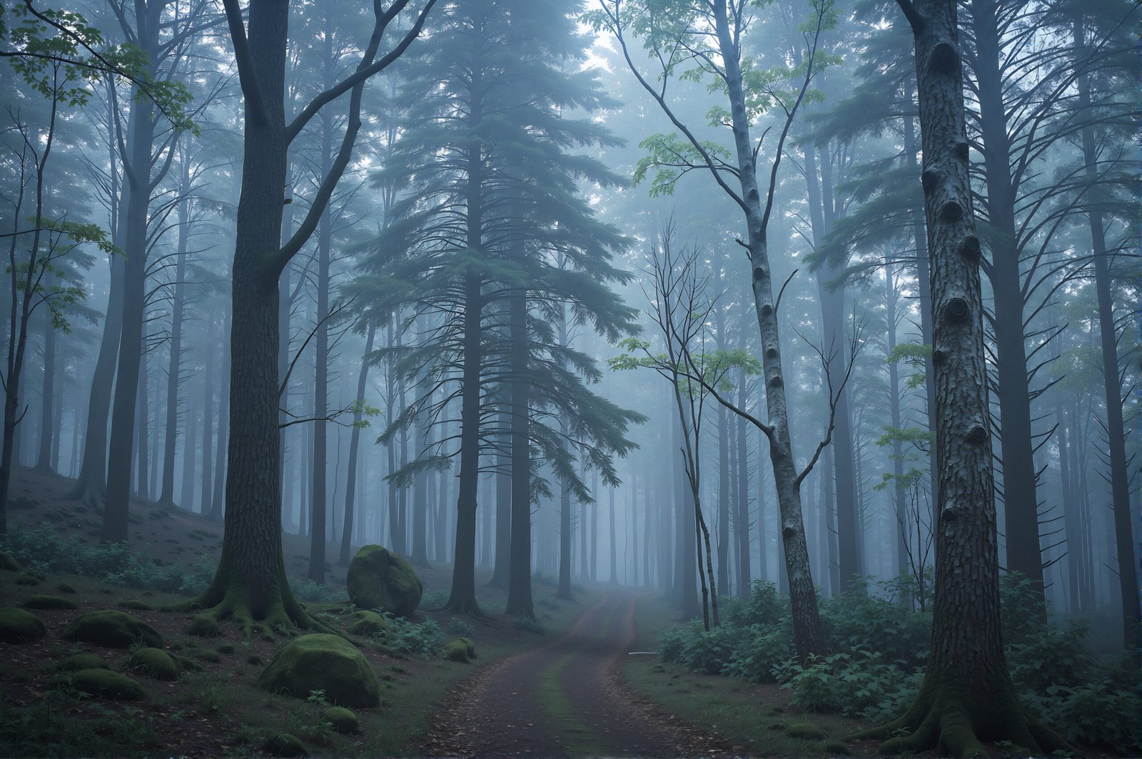 Foggy woodland scene with tall trees and moody lighting cinematic forest view