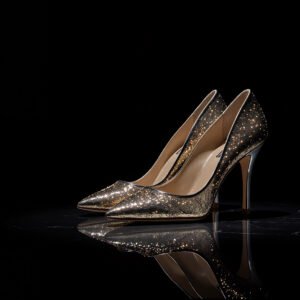 High heels displayed on reflective surface with studio spotlight
