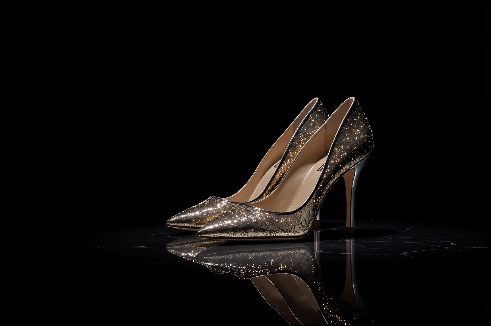 High heels displayed on reflective surface with studio spotlight