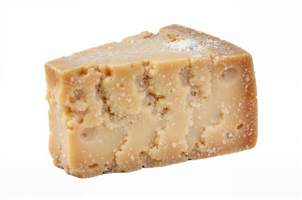 Large wedge of Parmesan cheese with textured rind studio lighting isolated on white background detailed surface texture no branding