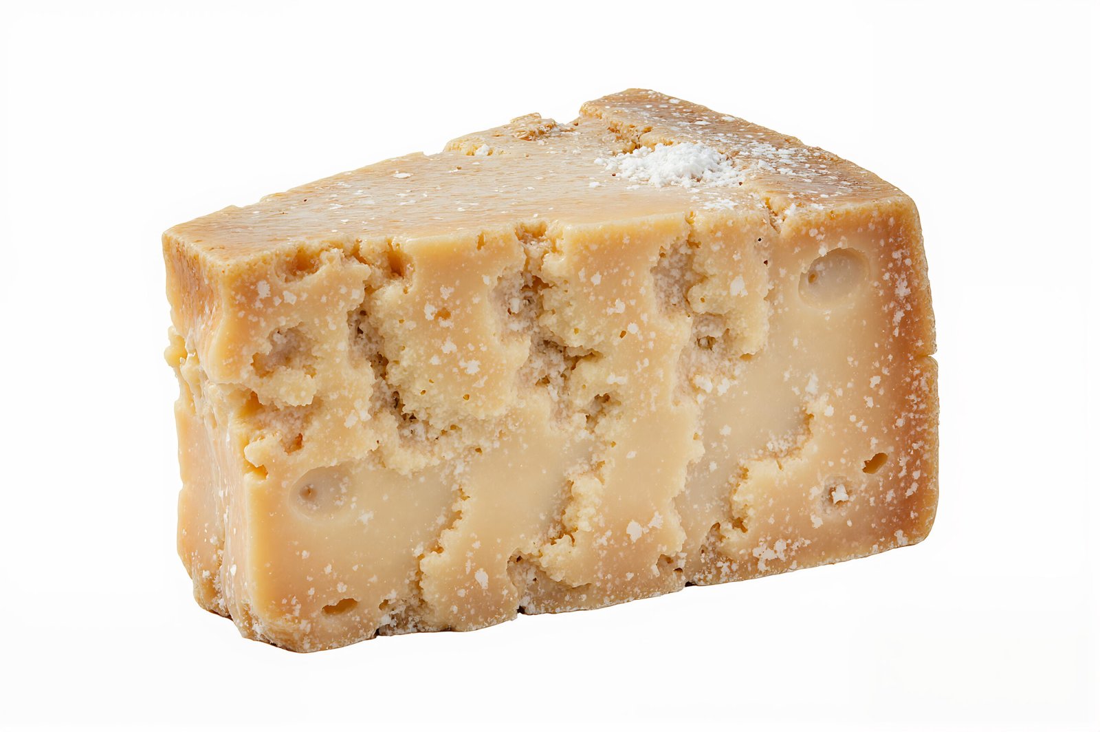 Large wedge of Parmesan cheese with textured rind studio lighting isolated on white background detailed surface texture no branding