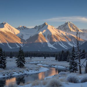 Majestic snow covered mountain range under clear blue sky golden hour lighting detailed natural landscape photography