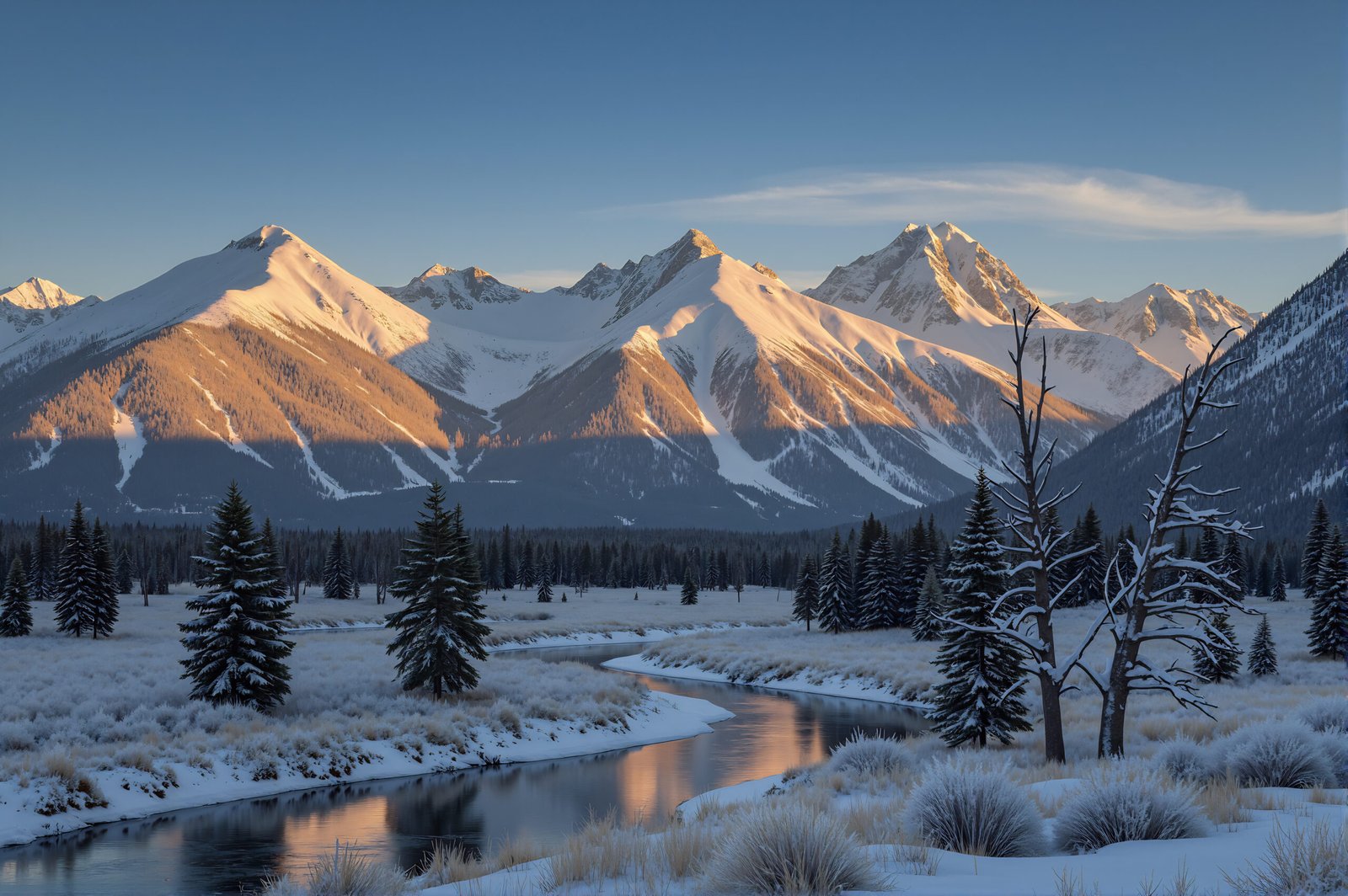 Majestic snow covered mountain range under clear blue sky golden hour lighting detailed natural landscape photography