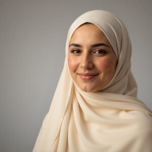 Middle Eastern woman wearing hijab under warm lighting neutral background