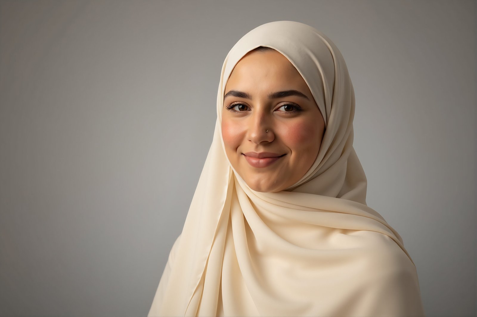 Middle Eastern woman wearing hijab under warm lighting neutral background
