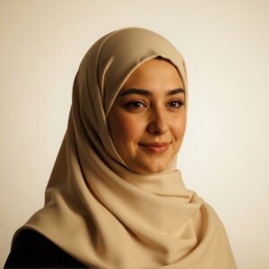 Middle Eastern woman with hijab soft smile warm lighting neutral background