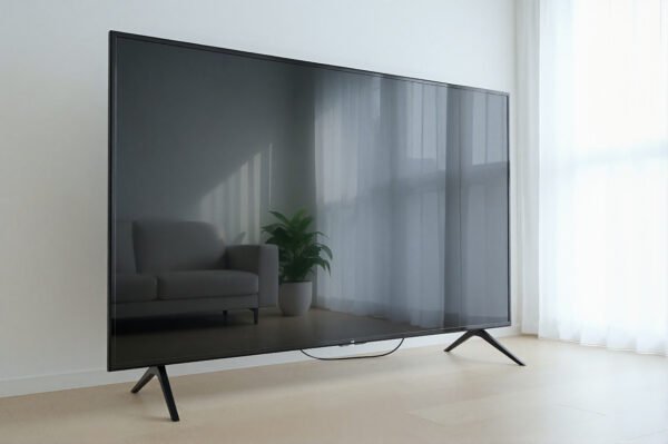 Modern 4K style TV on a simple stand black frame clean reflections blank screen no branding no text