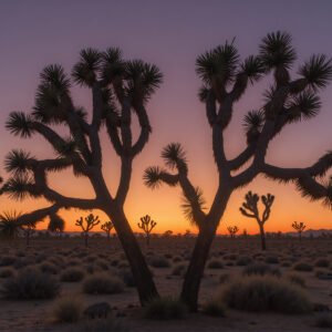 Multiple Joshua trees silhouetted against an orange and purple sunset sky soft fading light dramatic desert mood detailed textures on branches and spiky leaves