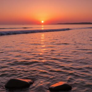 Ocean at sunset with warm colors reflecting on calm waves serene mood