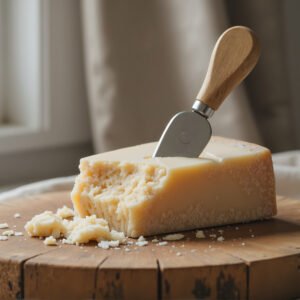 Parmesan wedge on wooden board with small cheese knife soft natural lighting neutral background