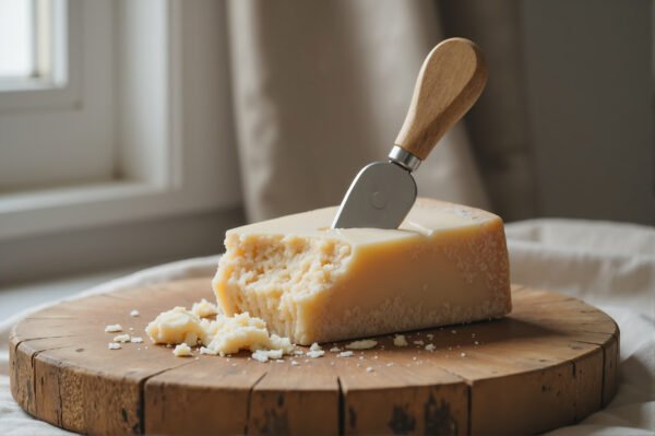 Parmesan wedge on wooden board with small cheese knife soft natural lighting neutral background