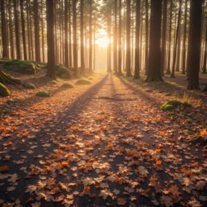 Pine forest path covered in fallen leaves warm autumn lighting serene tone